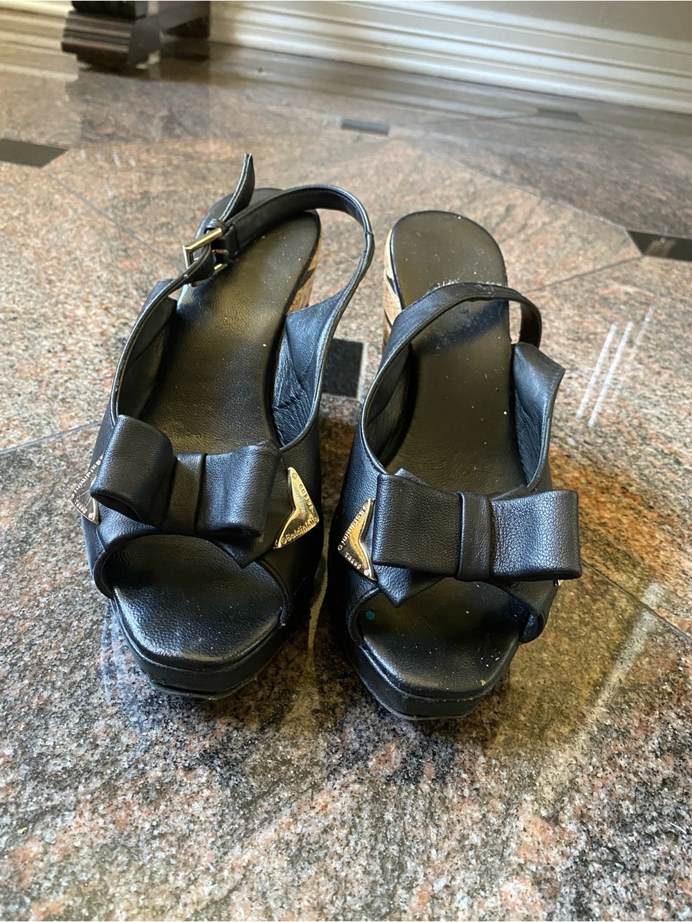 Baldinini Black Bow Slingback Platform Heels with Gold Accents